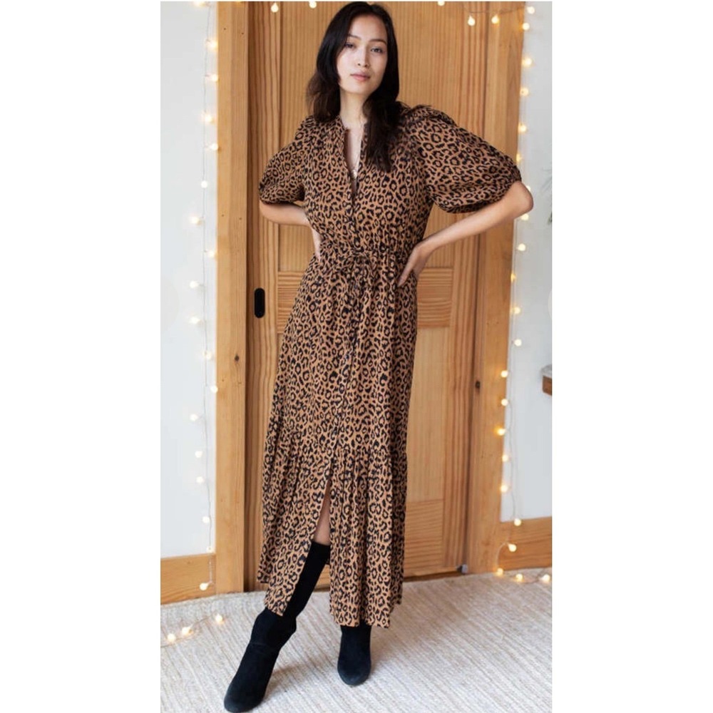 Emerson Fry Lucy Dress Vintage Leopard Print Maxi Puff Sleeve Tiered Brown M